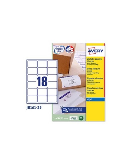 Etichetta adesiva J8161 bianca 25fg A4 63,5x46,6 (18et/fg) inkjet Avery