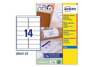 Etichetta adesiva J8163 bianca 25fg A4 99,1x38,1mm (14et/fg) inkjet Avery