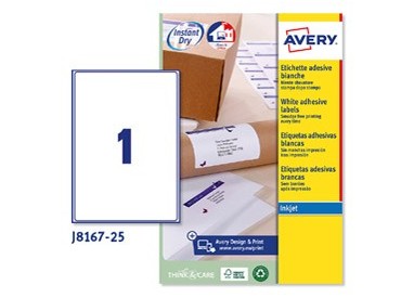 Etichetta adesiva J8167 bianca 25fg A4 199,6x289,1 (1et/fg) inkjet Avery