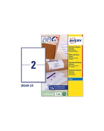 Etichetta adesiva J8168 bianca 25fg A4 199,6x143,5mm (2et/fg) inkjet Avery