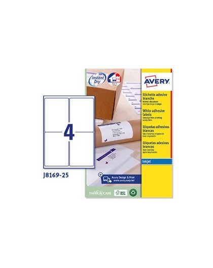 Etichetta adesiva J8169 bianca 25fg A4 99,1x139mm (4et/fg) inkjet Avery