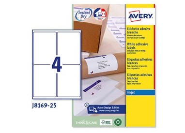 Etichetta adesiva J8169 bianca 25fg A4 99,1x139mm (4et/fg) inkjet Avery