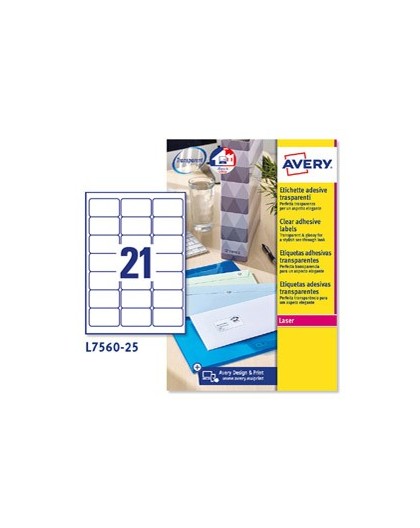 Poliestere adesivo L7560 trasparente 25fg A4 63,5x38,1mm (21et/fg) laser Avery