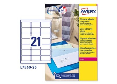 Poliestere adesivo L7560 trasparente 25fg A4 63,5x38,1mm (21et/fg) laser Avery