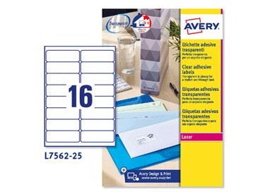 Poliestere adesivo L7562 trasparente 25fg A4 99,1x34mm (16et/fg) laser Avery