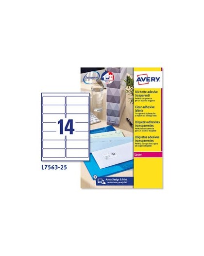 Poliestere adesivo L7563 trasparente 25fg A4 99,1x38,1mm (14et/fg) laser Avery