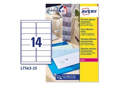 Poliestere adesivo L7563 trasparente 25fg A4 99,1x38,1mm (14et/fg) laser Avery