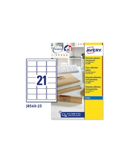 Poliestere adesivo J8560 trasparente 25fg A4 63,5x38,1mm (21et/fg) inkjet Avery