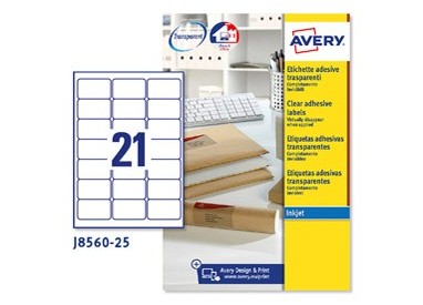 Poliestere adesivo J8560 trasparente 25fg A4 63,5x38,1mm (21et/fg) inkjet Avery