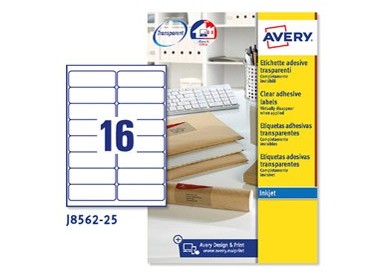 Poliestere adesivo J8562 trasparente 25fg A4 99,1x34mm (16et/fg) Inkjet Avery