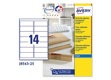 Poliestere adesivo J8563 trasparente 25fg A4 99,1X38,1 (14et/fg) Inkjet Avery