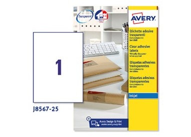 Poliestere adesivo J8567 trasparente 25fg A4 210x297mm (1et/fg) inkjet Avery
