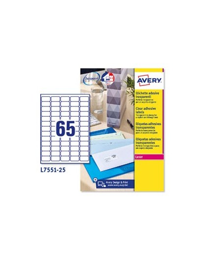 Poliestere adesivo L7551 trasparente 25fg A4 38,1X21,2mm (65et/fg) laser Avery