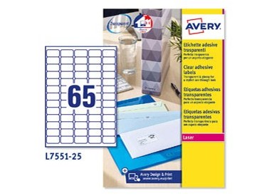 Poliestere adesivo L7551 trasparente 25fg A4 38,1X21,2mm (65et/fg) laser Avery