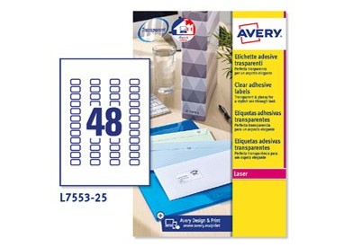 Poliestere adesivo L7553 trasparente 25fg A4 22x12,7mm (48et/fg) laser Avery