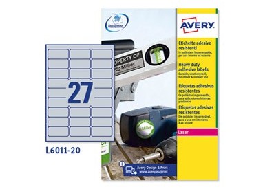 Poliestere adesivo L6011 argento 20fg A4 63,5x29,6mm (27et/fg) laser Avery
