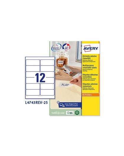 Etichetta adesiva L4743REV bianca rimovibili 25fg A4 99,1x42,3mm (12et/fg) laser