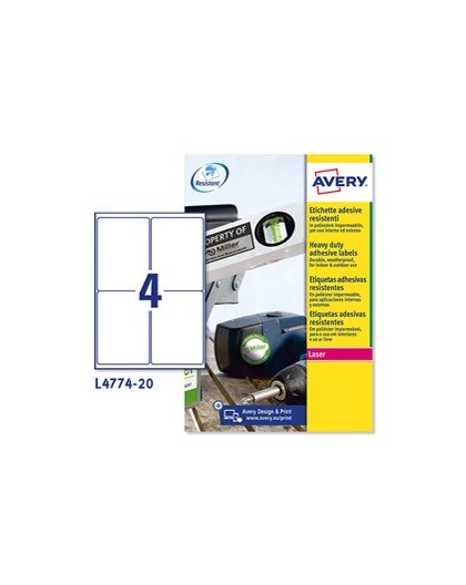 Poliestere adesivo L4774 bianco 20fg A4 99,1x139mm (4et/fg) laser Avery