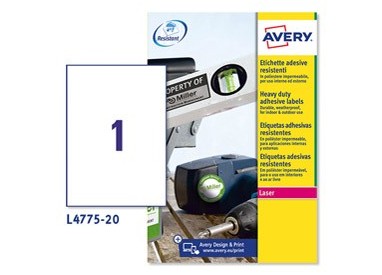 Poliestere adesivo L4775 bianco 20fg A4 210x297mm (1et/fg) laser Avery