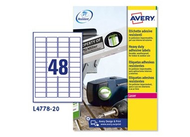 Poliestere adesivo L4778 bianco 20fg A4 45,7x21,2mm (48et/fg) laser Avery