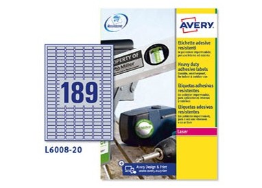 Poliestere adesivo L6008 argento 20fg A4 25,4x10mm (189et/fg) laser Avery