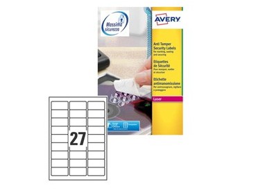 Poliestere adesivo L6114 bianco antim. 20fg A4 63,5x29,6mm (27et/fg) laser Avery