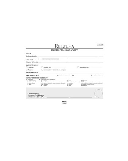 REGISTRO CARICO/SCARICO RIFIUTI DETENTORI MOD.A 22,5X29,7 100PAG. E2868