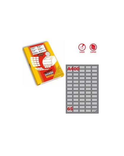 Etichetta adesiva A/400 argento 100fg A4 laser 38,1x21,2mm (65et/fg) Markin