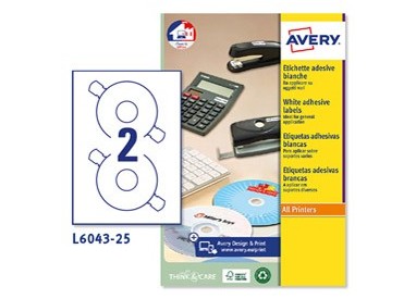 Etichetta adesiva L6043 bianca CD/DVD 25fg A4 Ø117 foroØ41mm (2et/fg) laser