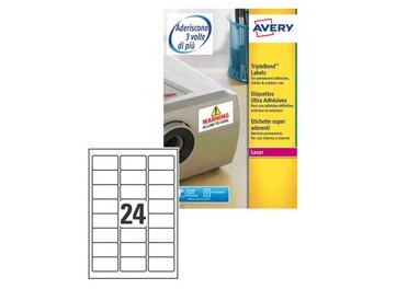 Poliestere adesivo extra L6141 bianco 20fg A4 63,5x33,9mm (24et/fg) laser Avery