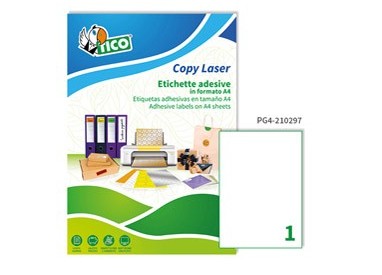 Etichetta adesiva PG4 bianca lucida 100fg A4 210x297mm (1et/fg) Tico