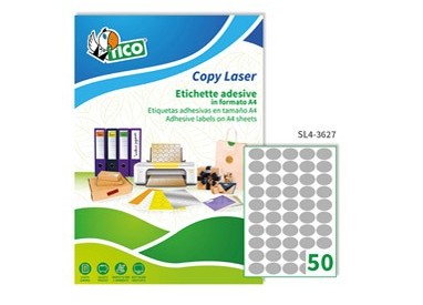 Etichetta adesiva SL4 ovale argento satinata 100fg A4 36x27mm (50et/fg) Tico