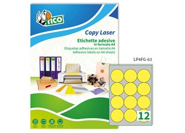 Etichetta adesiva LP4F giallo fluo 70fg A4 tonda Ø63,5mm (12et/fg) Tico