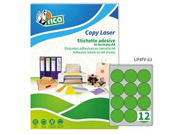 Etichetta adesiva LP4F verde fluo 70fg A4 tonda Ø63,5mm (12et/fg) Tico