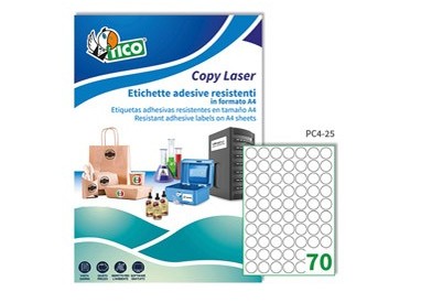 Poliestere adesivo PC4 trasparente 100fg A4 Ø25mm (70et/fg) laser Tico