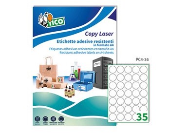 Poliestere adesivo PC4 trasparente 100fg A4 Ø36mm (35et/fg) laser Tico