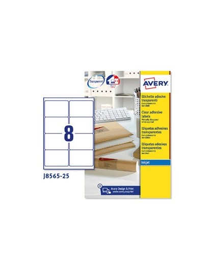 Poliestere adesivo J8565 trasparente 25fg A4 99,1x67,7mm (8et/fg) inkjet Avery