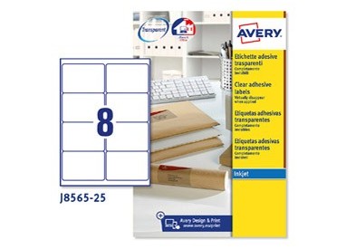 Poliestere adesivo J8565 trasparente 25fg A4 99,1x67,7mm (8et/fg) inkjet Avery