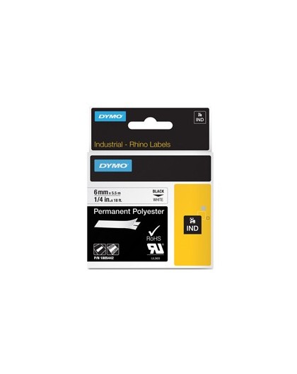 NASTRO POLIESTERE PERMANENTE 9mm x 5.5mt nero su bianco 18482 RHINO