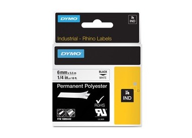 NASTRO POLIESTERE PERMANENTE 9mm x 5.5mt nero su bianco 18482 RHINO