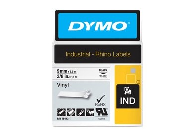 NASTRO VINILE 9mm x 5.5mt nero su bianco 18443 RHINO