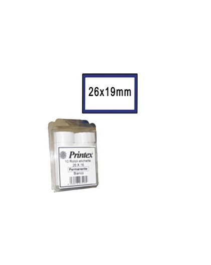 PACK 10 ROTOLI 600 ETICH. 26x19mm BIANCO PERM. CORNICE BLU Printex