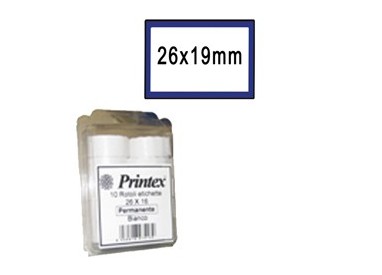 PACK 10 ROTOLI 600 ETICH. 26x19mm BIANCO PERM. CORNICE BLU Printex