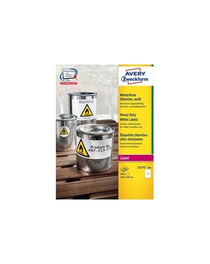 Poliestere adesivo L4775 bianco 100fg A4 210x297mm (1et/fg) laser Avery