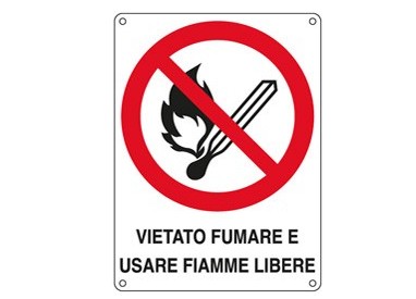 CARTELLO ALLUMINIO 16,6x23,3cm 'Vietato fumare e usare fiamme libere"