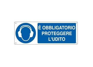 CARTELLO ALLUMINIO 35x12,5cm 'E' obligatorio proteggere l'udito"