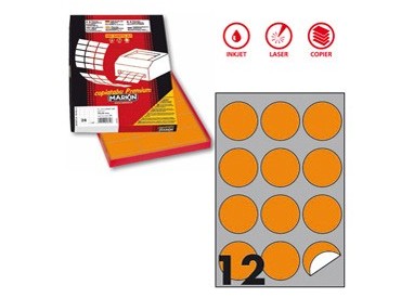Etichetta adesiva R/310 arancio fluo 100fg A4 tonda Ø60mm (12et/fg) Markin