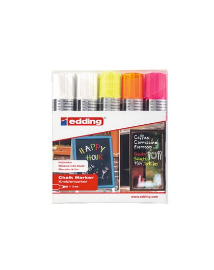 Astuccio 5 marcatore EDDING 4090 punta scalpello gesso liquido assortiti fluo