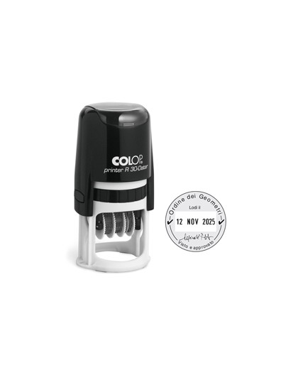 Timbro DATARIO R30 diametro 30mm 4righe autoinchiostrante personalizzabile COLOP