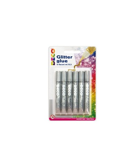 Blister colla glitter 6 penne 10,5ml argento DECO